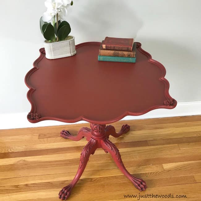 black glaze on red chalk paint, red painted table with black wax, dark wax