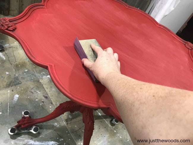 sanding between coats, painting furniture, red painted furniture