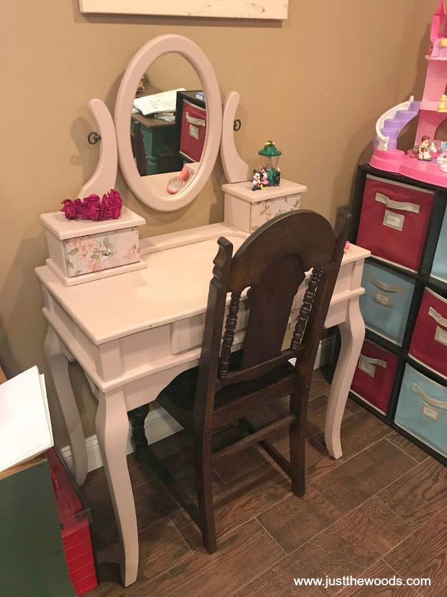 little girls vanity makeover, kids wooden vanity, pink painted vanity