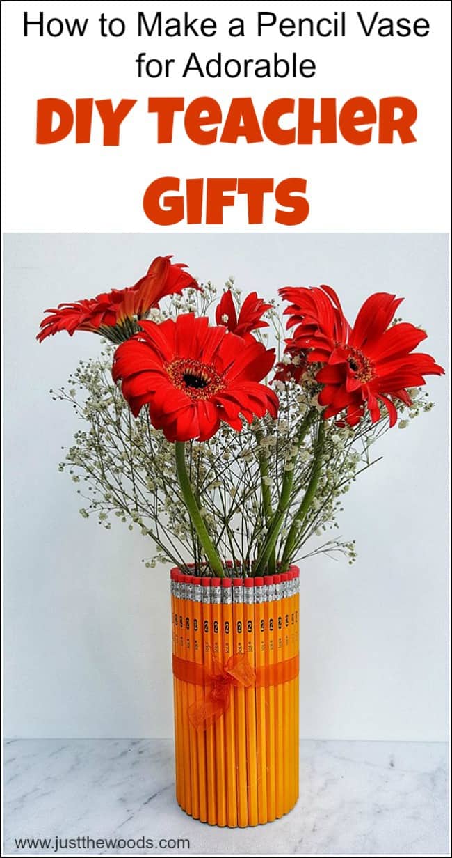 Show the teacher your appreciation with DIY teacher gifts. This cute and easy pencil vase makes great homemade gifts for teachers. Fill it with a gorgeous bouquet of flowers for a unique yet inexpensive end of year teacher gift. #diyteachergifts #cheapteachergiftideas #pencilvase #DIYVase #homemadegiftsforteachers #cuteteachergifts #easyteachergifts