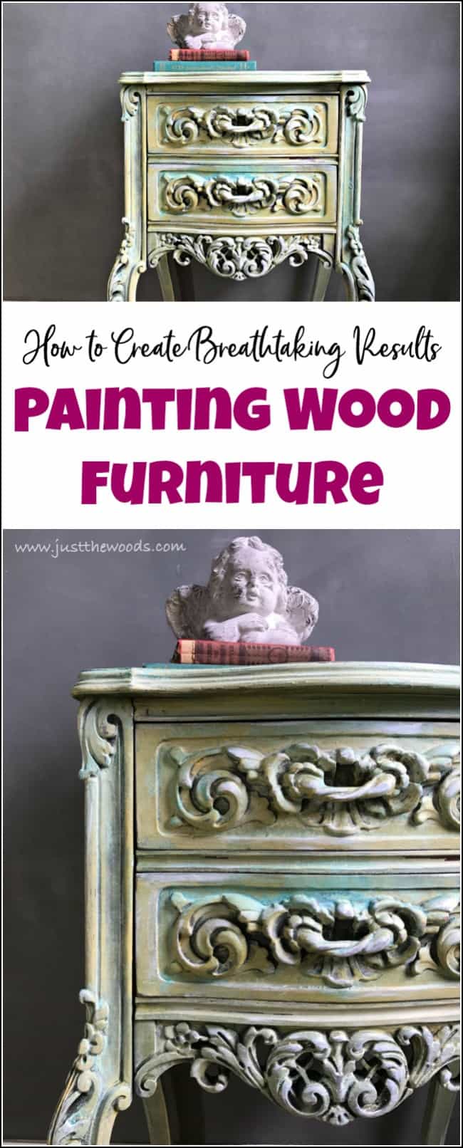 Painting wood furniture can completely transform the appearance of a piece of furniture. As long as you know how to paint wood furniture the possibilities are endless. See how to transform wooden furniture with the best furniture paint. Layering paint and patina are gorgeous painting wood furniture ideas. #paintedfurniture #paintingwoodfurniture #furniturepaint #howtopaintwoodfurniture