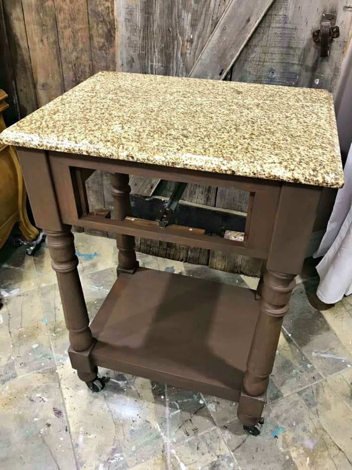 brown painted kitchen cart, wooden kitchen cart, stone top furniture, painting furniture