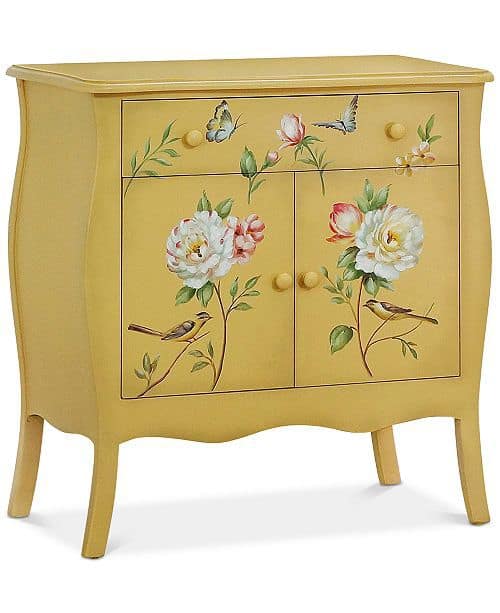 hand painted yellow cabinet with floral design, yellow accent furniture, yellow painted table, yellow furniture, yellow accent cabinet, yellow cabinet