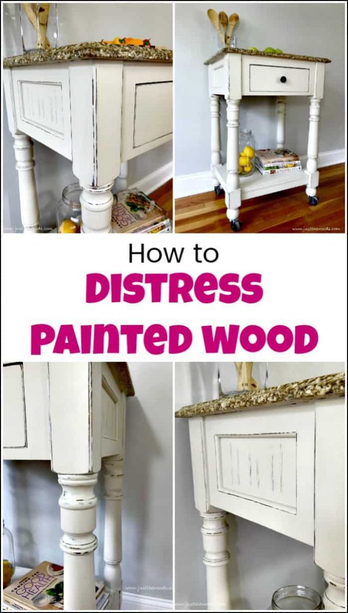 See how to distress painted wood for a farmhouse finish when you love distressed furniture. You can DIY your own distressed white furniture when distressing chalk paint with these simple steps. Video tutorial included. #paintedfurniture #howtodistresspaintedwood #distresspaintedwood #distressedfurniture #paintedkitchencart #distresswhitepaintedwood