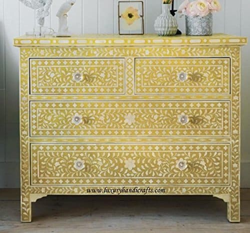 yellow dresser with floral inlay, yellow bedroom furniture