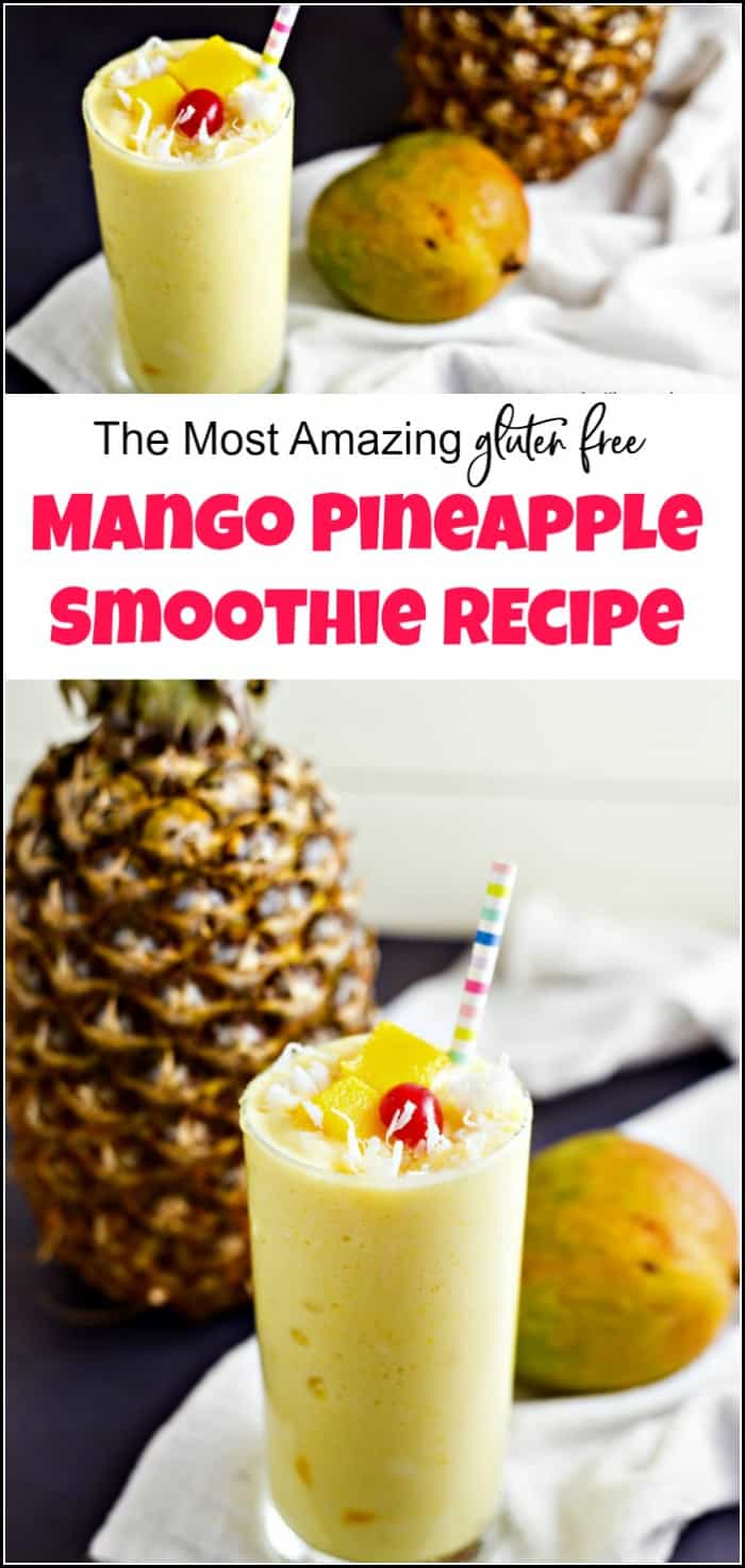 Delicious and healthy mango pineapple smoothie. This mango pineapple smoothie recipe is easy to make, gluten-free and delicious with no added sugar. #mangopineapplesmoothie #pineapplemangosmoothie #mangopineapplesmoothierecipe #pineapplesmoothie #mangosmoothie #smoothierecipes #glutenfreesmoothie #vegansmoothie