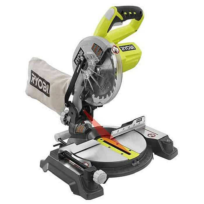 miter saw, ryobi saw, miter saw with laser, green miter saw, diy tools, power tools, must have tools
