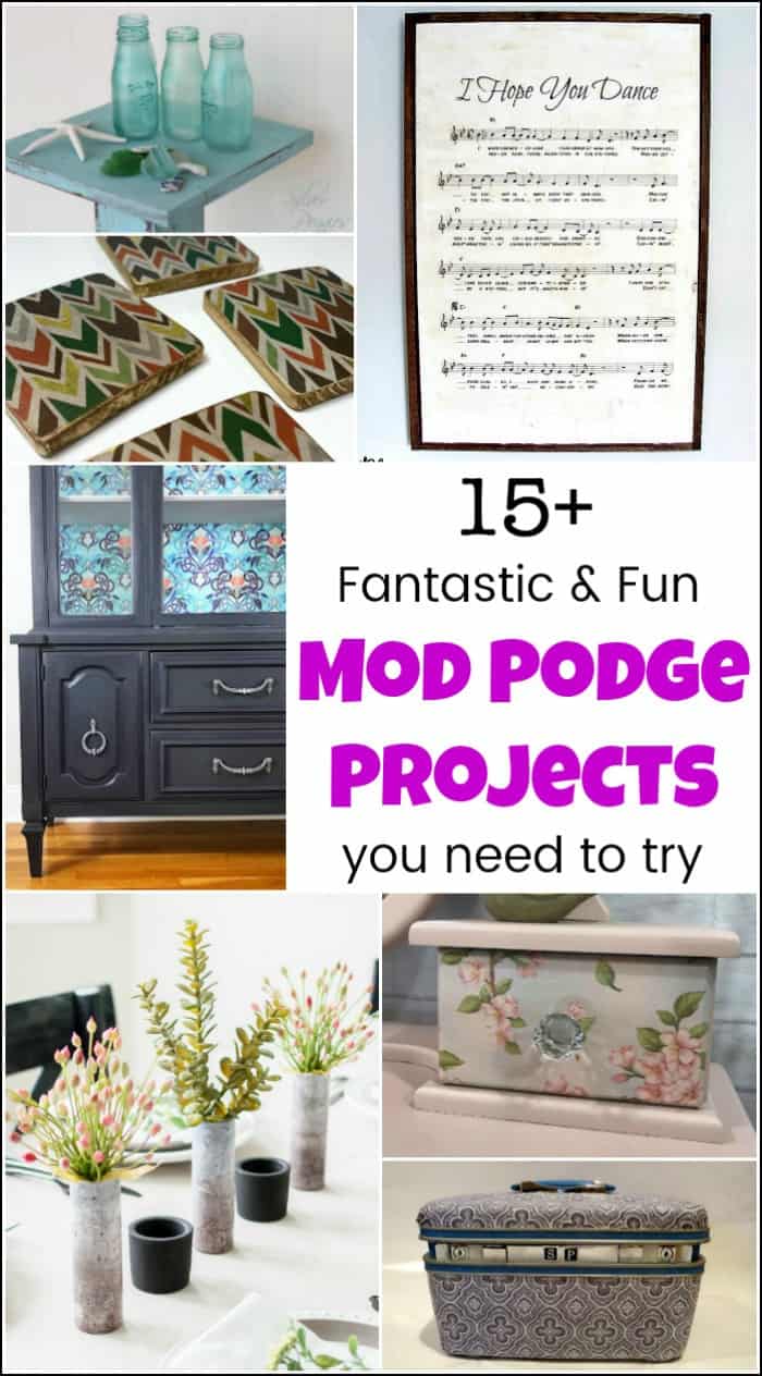 Mod podge projects and endless ideas. Create decoupage furniture makeovers with mod podge glue or unique upcycles with mod podge. #modpodge #modpodgeprojects #modpodgedecoupage #whatismodpodge 