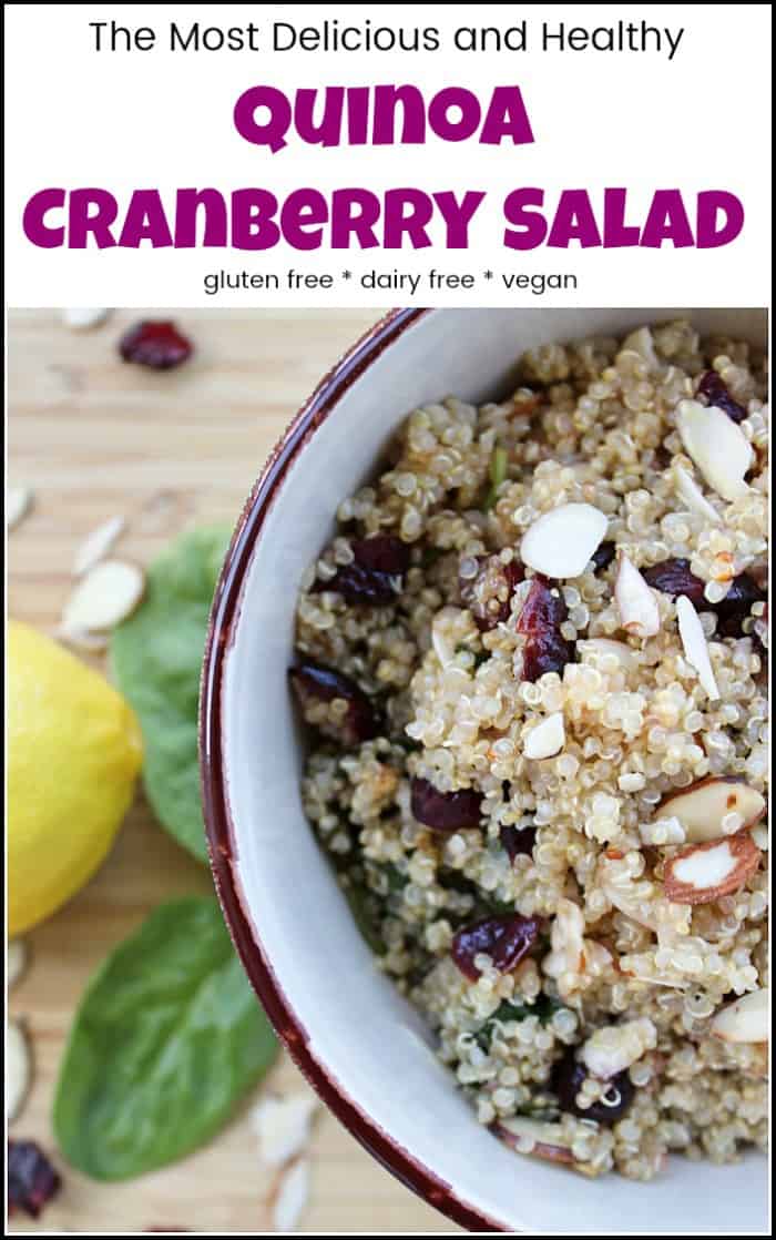 A delicious and healthy quinoa cranberry salad made with gluten-free quinoa and dried cranberries. This quinoa salad is packed with healthy superfoods including spinach, almonds, and lemons. #quinoacranberrysalad #quinoarecipe #quinoaanddriedcranberries #quinoasaladcranberries #quinoasaladrecipes