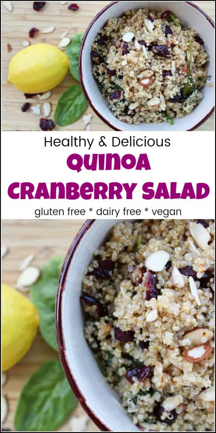 A delicious and healthy quinoa cranberry salad made with gluten-free quinoa and dried cranberries. This quinoa salad is packed with healthy superfoods including spinach, almonds, and lemons. #quinoacranberrysalad #quinoarecipe #quinoaanddriedcranberries #quinoasaladcranberries #quinoasaladrecipes