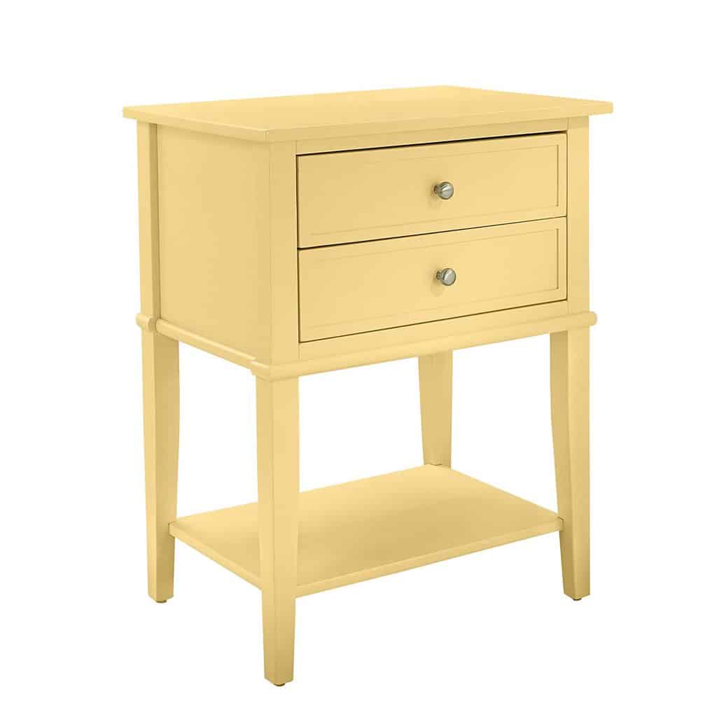 pale yellow furniture, yellow nightstand, yellow table, yellow furniture
