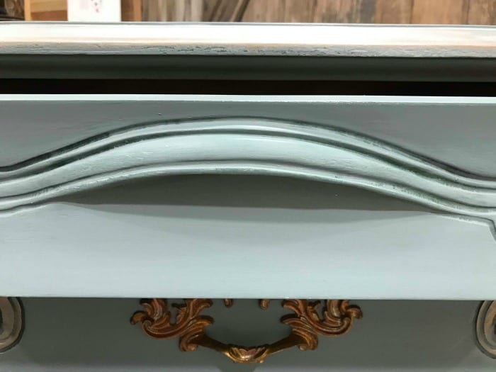 wooden drawer handle, curved drawer handle, painted bombe chest, painted drawer, blue chalk paint