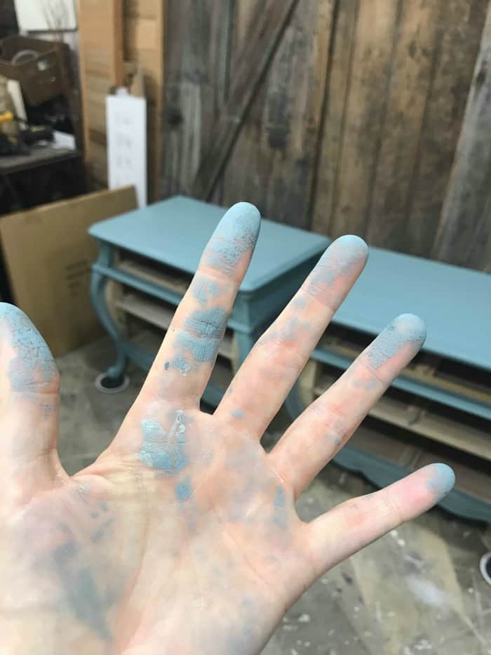 paint on hands, blue chalk paint, blue painted tables, blue painted furniture