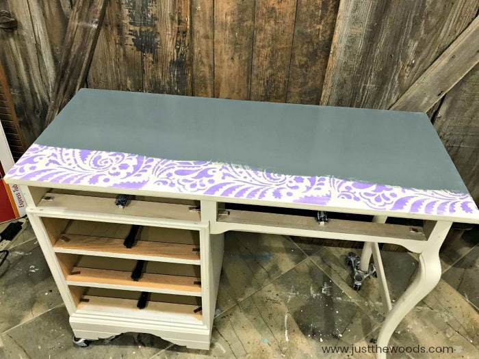 cutting edge stencils, painting over stencil, chalk paint over stencil patterns, gray chalk paint over stencil, painted desk