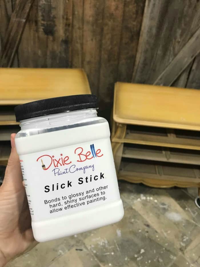 how to prime furniture for paint, dixie belle slick stick, paint shiny furniture, paint laminate, slick stick