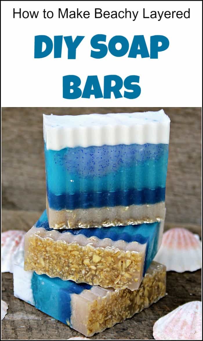 See how to make soap at home with these layered soap recipes. Soap making is fun and easy with these beach inspired DIY soap bars in pretty blue layers. #diysoapbars #howtomakesoap #soapmaking #homemadesoap #howtomakesoapathome #diysoap #makeyourownsoap #layeredsoap #essentialoilssoap