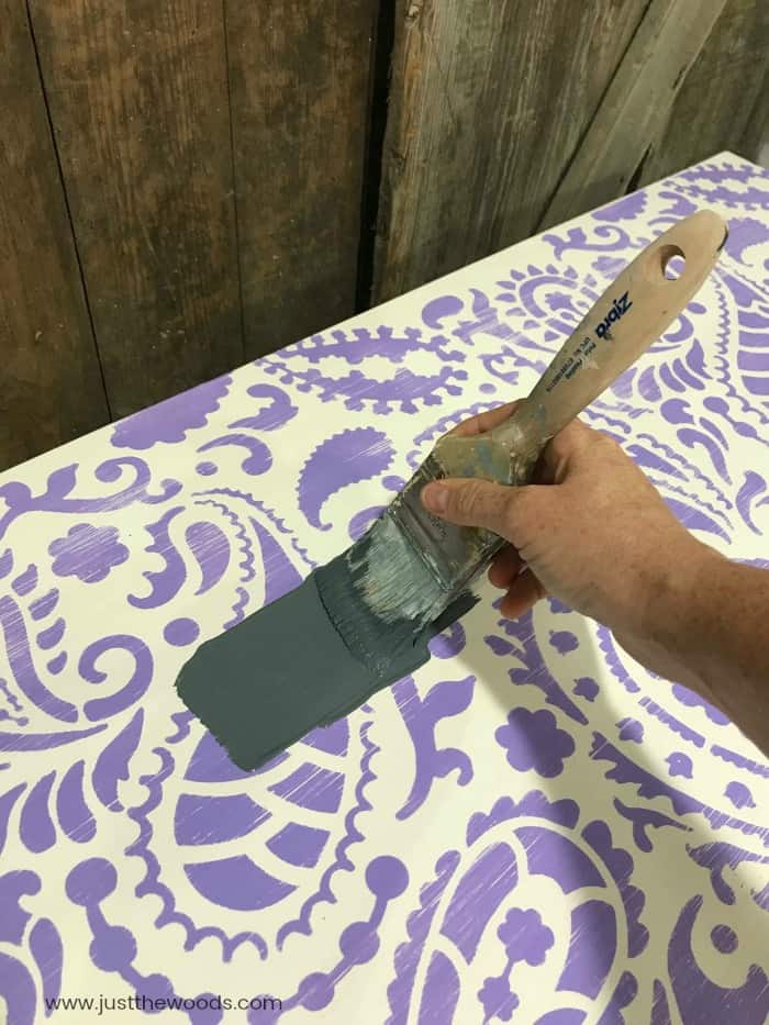 painting over painted furniture, gray chalk paint over stencil, painting over stenciled furniture, cutting edge stencils, zibra paintbrush