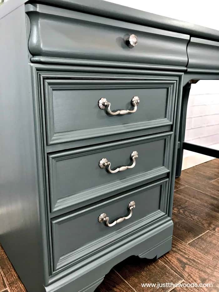 cutting edge stencils, gray painted desk, silver hardware, painted furniture, gray painted furniture ideas