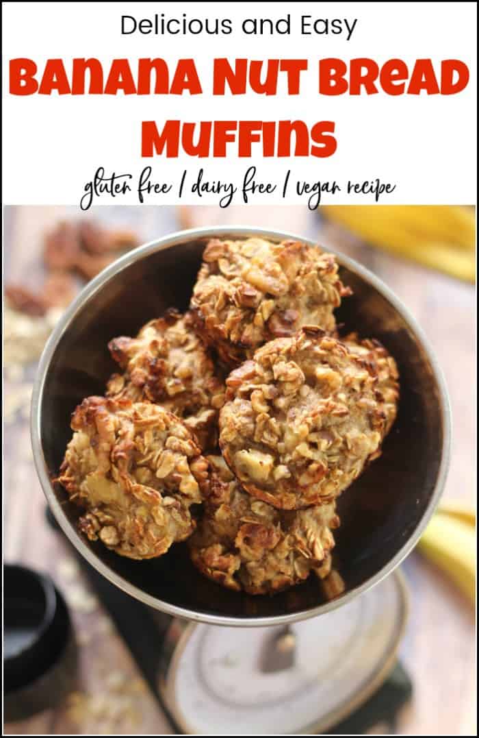 Delicious and healthy banana nut bread muffins are easy to make. This banana nut bread recipe can be made into muffins or a loaf. #banananutbreadmuffins #banananutbreadrecipe #healthybanananutbreadmuffins #veganbanananutbreadrecipe 
