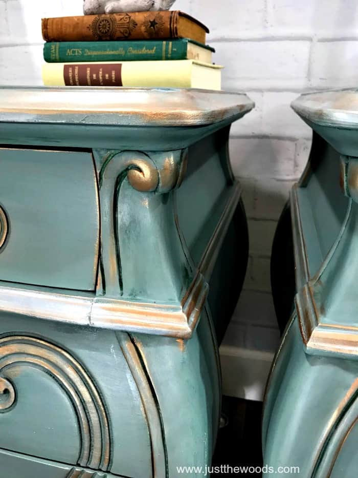 metallic painted furniture, painted bombe chest, beauty and the beast furniture ideas, blue green painted furniture, metallic trim on painted furniture, how to paint wood furniture