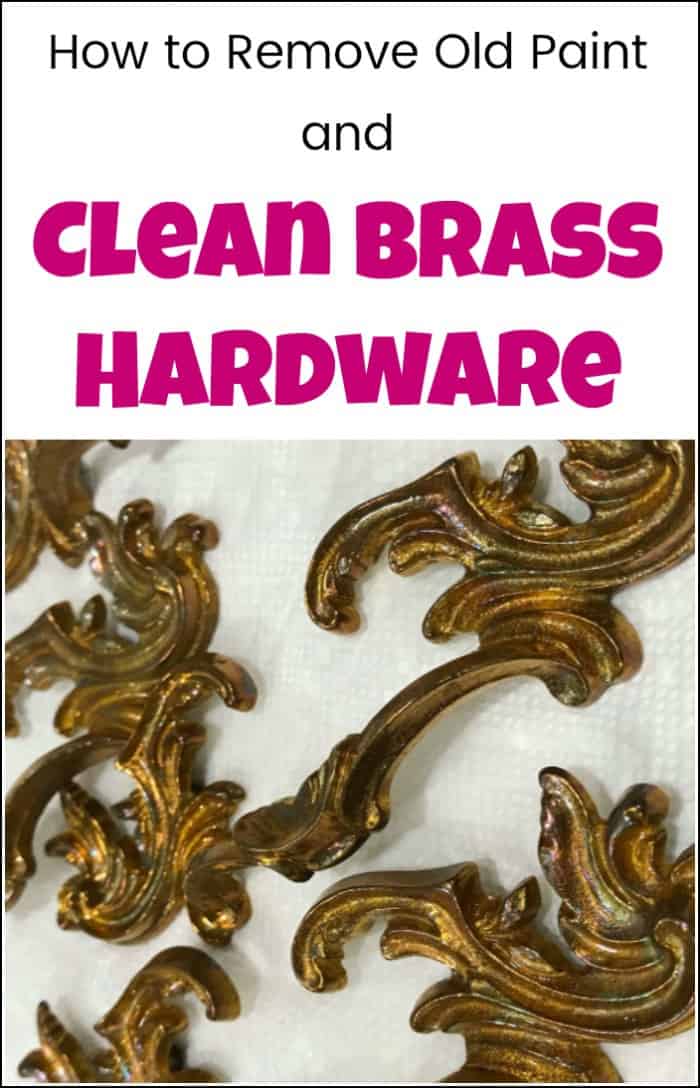 See how to remove paint from vintage hardware pulls and clean brass to its original beauty. These old brass hardware pulls are gorgeous once cleaned. Cleaning brass hardware is easy with this DIY brass cleaner method. #cleanbrass #cleanhardware #removepaint #cleanbrasshardware #cleanvintagehardware #cleaninghardware #cleaningbrasshardware #removepaintfromhardware