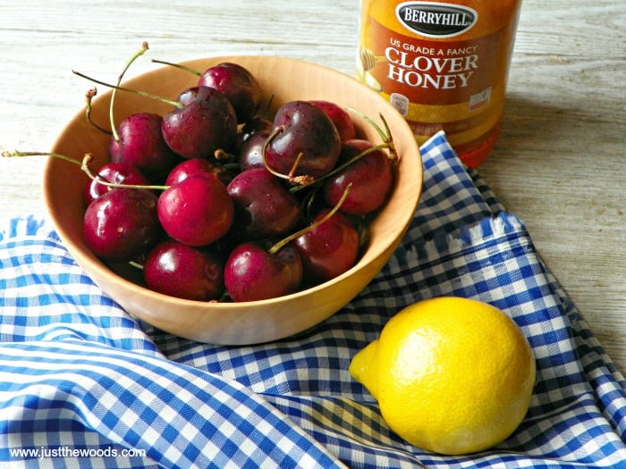 cherry jam ingredients, how to make cherry jam, cherries in bow, lemon, pectin