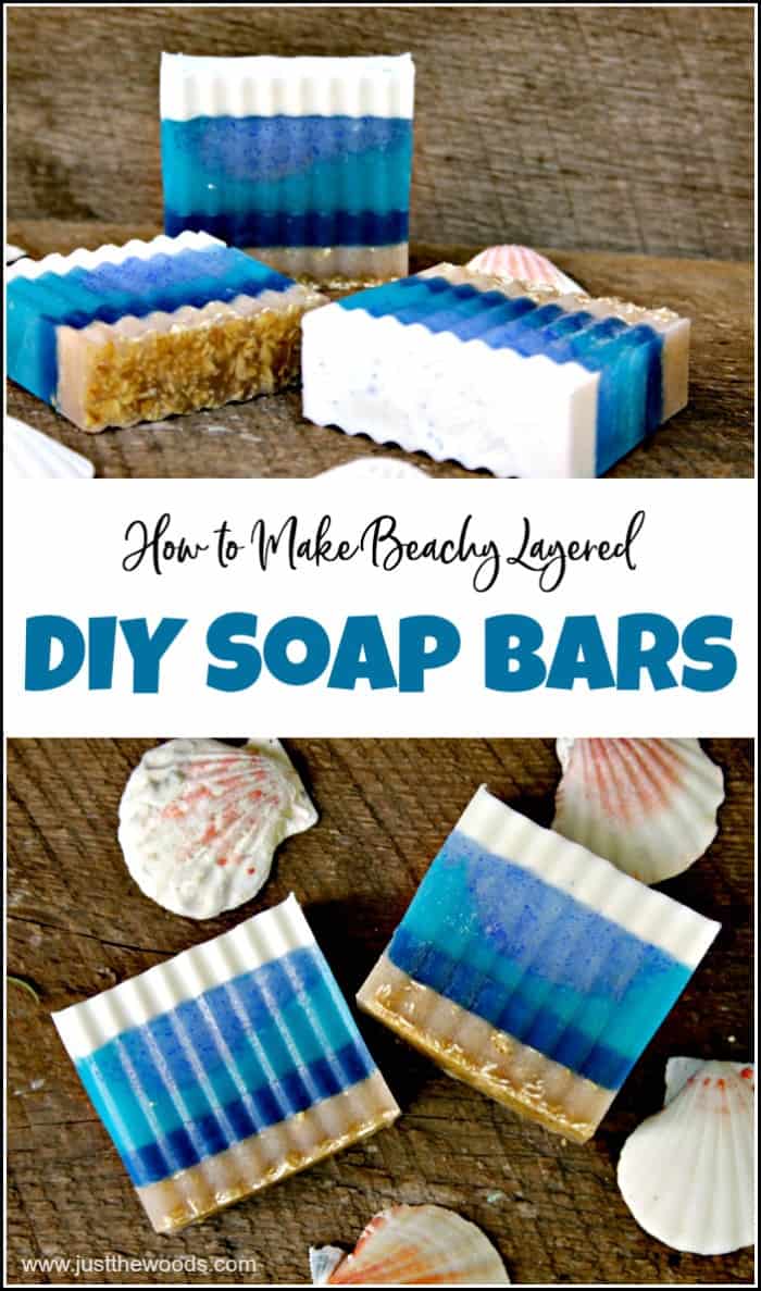 See how to make soap at home with these layered soap recipes. Soap making is fun and easy with these beach inspired DIY soap bars in pretty blue layers. #diysoapbars #howtomakesoap #soapmaking #homemadesoap #howtomakesoapathome #diysoap #makeyourownsoap #layeredsoap #essentialoilssoap