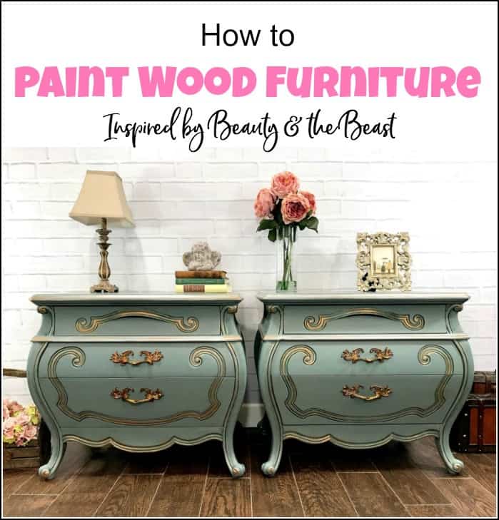 Learn how to paint wood furniture using multiple furniture painting techniques. Painting wood furniture to create beautiful results on these bombe chests. #paintedfurniture #paintwoodfurniture #howtopaintfurniture #furniturepainting #refinishfurniture #paintedbombechests #inspiredbybeautyandthebeast 