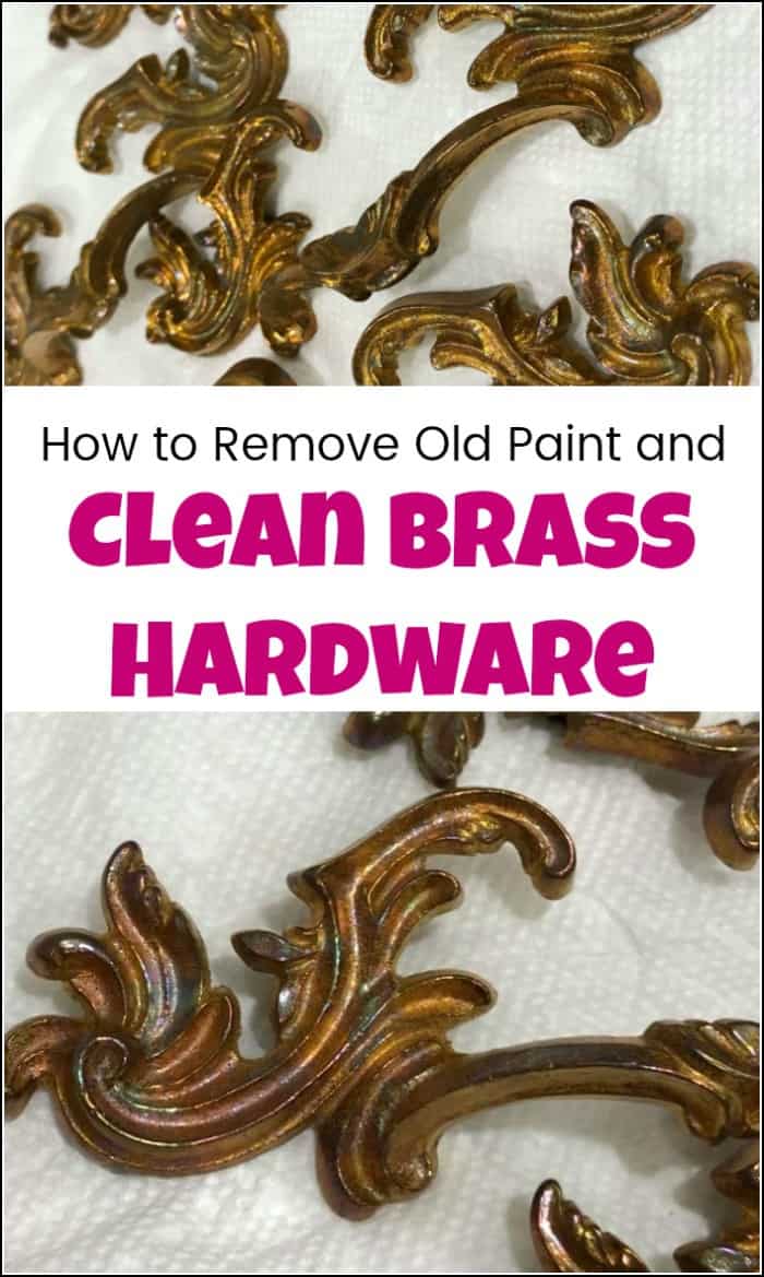 See how to remove paint from vintage hardware pulls and clean brass to its original beauty. These old brass hardware pulls are gorgeous once cleaned. Cleaning brass hardware is easy with this DIY brass cleaner method. #cleanbrass #cleanhardware #removepaint #cleanbrasshardware #cleanvintagehardware #cleaninghardware #cleaningbrasshardware #removepaintfromhardware