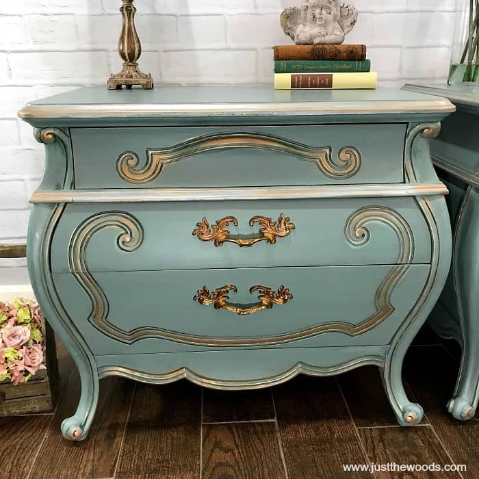 blue and gold painted furniture, painted bombe chest, metallic highlights, gilding wax, paint wood furniture, beauty and the beast inspired 