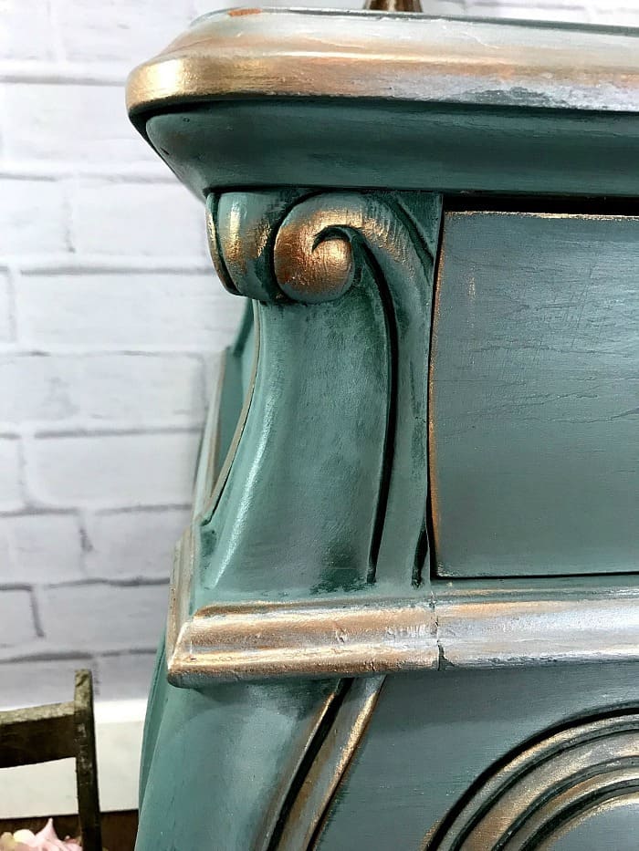 how to paint furniture, how to paint wood furniture, painting wood furniture, beauty and the beast furniture, metallic highlights on painted bombe chests