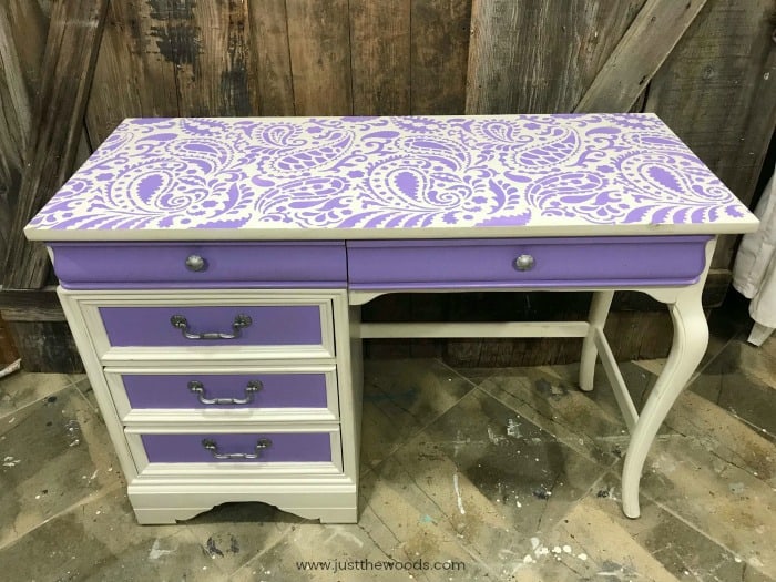 girls desk with stencil, cutting edge stencils, paisley stencil on desk, white and purple painted desk