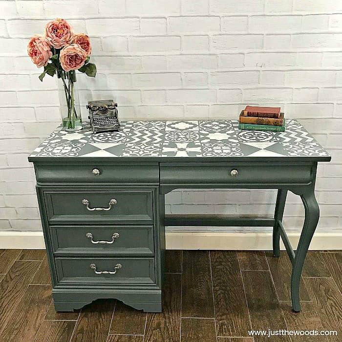 where to buy stencils, stencils for sale, cutting edge stencils, stencil patterns, painted desk with stencil, gray painted desk with white stencil