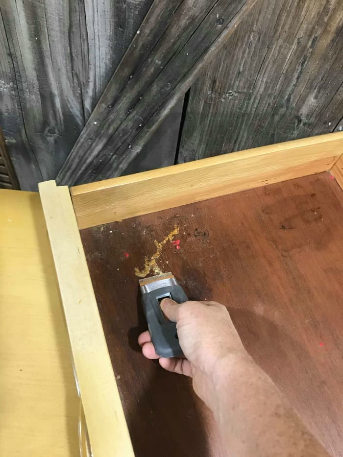 clean out dirty wood drawers, straight razor to remove gunk, how to paint wood furniture