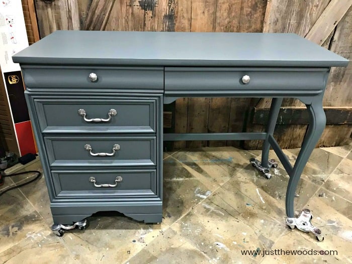 gray painted desk, gray chalk painted desk, gray painted furniture, silver hardware gray desk