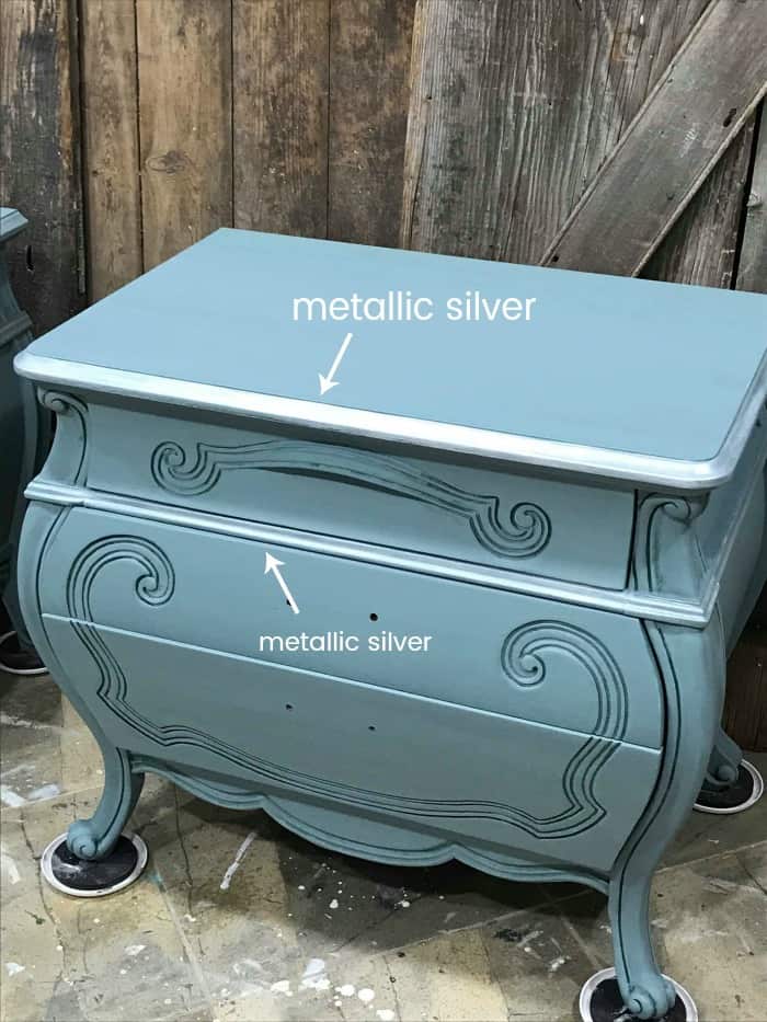 metallic silver, silver paint, painted furniture with metallic silver