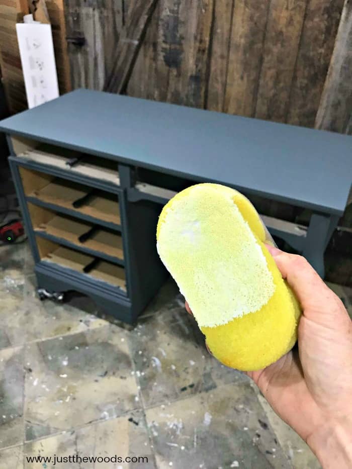 yellow detailer sponge, apply sealer with sponge, clear coat on furniture