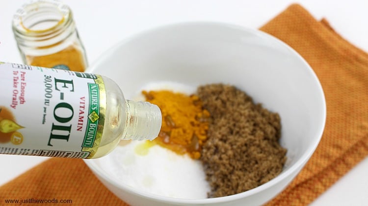 sugar scrub with E oil, homemade exfoliator, how to make body scrub