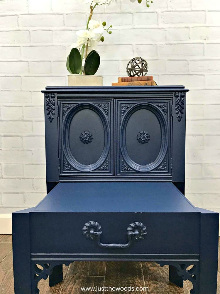 blue painted table, blue painted furniture, navy blue painted table, blue furniture, table with pull out drawer