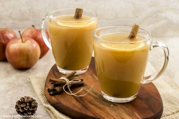 hot apple cider, mulled apple cider in clear mug, spiced apple cider