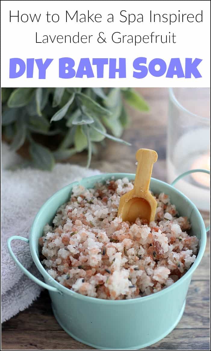 When you need a spa day but life gets in the way. Try this homemade bath soak recipe to relax at home. Soothing lavender and grapefruit DIY bath soak made with pink Himalayan salt and essential oils. #bathsoak #DIYbathsoak #homemadebathsoak #bathsaltrecipe #detoxbathsoak #DIYbathsalts #homemadebathsalt