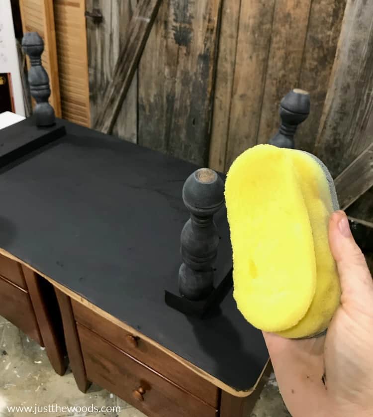 yellow sponge, apply clear sealer, sponge to seal painted furniture