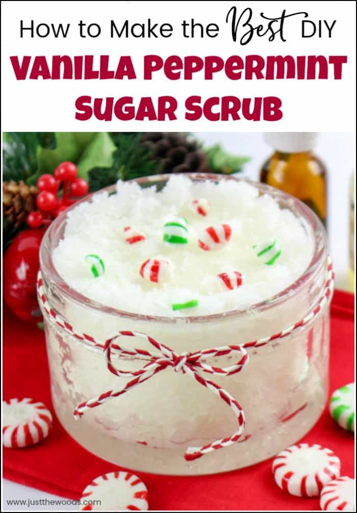 Vanilla peppermint sugar scrub is easy to make yourself and makes the perfect gift for the holidays. Make your own DIY peppermint sugar scrub quick and easy. Homemade sugar scrub made with essential oils are the best. #peppermintsugarscrub #vanillapeppermint #DIYsugarscrub #essentialoilsugarscrub #homemadesugarscrub #mintscrub #peppermintfootscrub #peppermintbodyscrub
