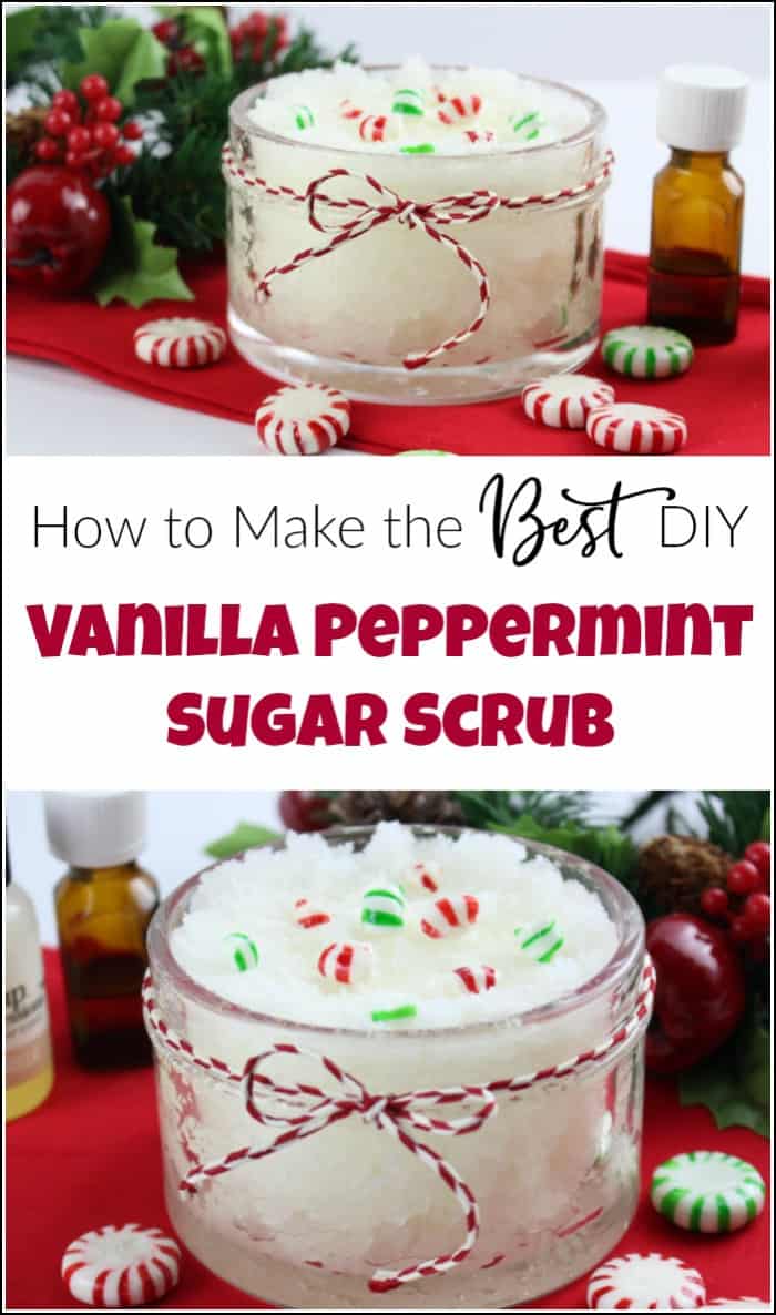 Vanilla peppermint sugar scrub is easy to make yourself and makes the perfect gift for the holidays. Make your own DIY peppermint sugar scrub quick and easy. Homemade sugar scrub made with essential oils are the best. #peppermintsugarscrub #vanillapeppermint #DIYsugarscrub #essentialoilsugarscrub #homemadesugarscrub #mintscrub #peppermintfootscrub #peppermintbodyscrub