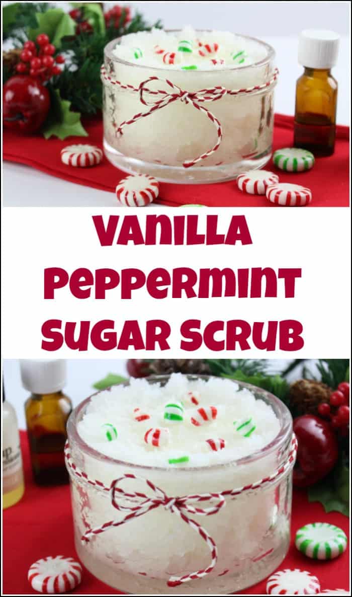 Vanilla peppermint sugar scrub is easy to make yourself and makes the perfect gift for the holidays. Make your own DIY peppermint sugar scrub quick and easy. Homemade sugar scrub made with essential oils are the best. #peppermintsugarscrub #vanillapeppermint #DIYsugarscrub #essentialoilsugarscrub #homemadesugarscrub #mintscrub #peppermintfootscrub #peppermintbodyscrub