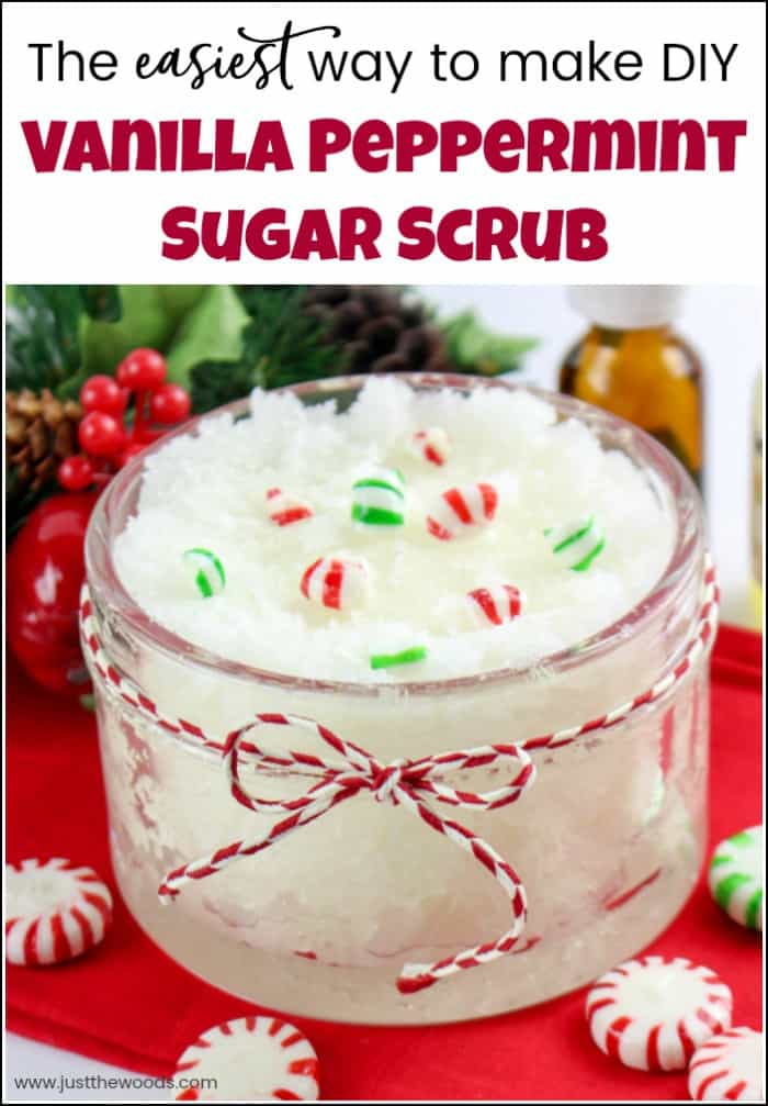 Vanilla peppermint sugar scrub is easy to make yourself and makes the perfect gift for the holidays. Make your own DIY peppermint sugar scrub quick and easy. Homemade sugar scrub made with essential oils are the best. #peppermintsugarscrub #vanillapeppermint #DIYsugarscrub #essentialoilsugarscrub #homemadesugarscrub #mintscrub #peppermintfootscrub #peppermintbodyscrub