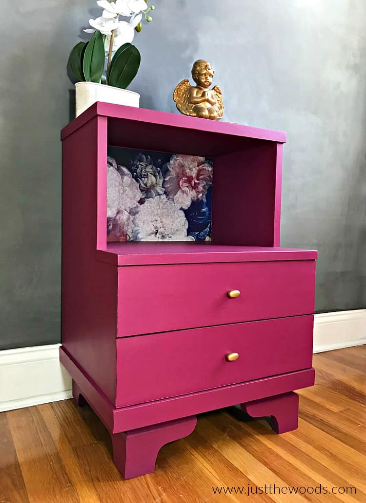 decoupage on wood, painted nightstand, hand painted furniture, hand painted nightstand, pink painted table,