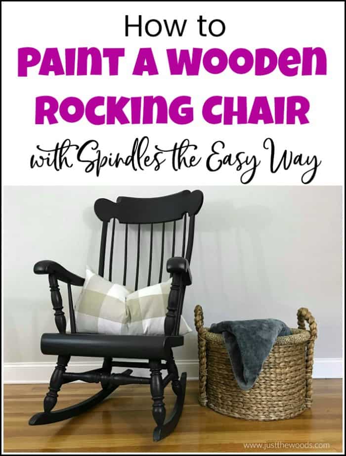 See how to paint a wooden rocking chair with spindles the easy way. A painted rocking chair project doesn't have to be hard because painting a rocking chair with a paint sprayer will make your life easier. #paintrockingchair #paintspindles #paintedrockingchair #woodenrockingchair #paintedfurniture #blackpaintedfurniture #howtopaintspindles #howtouseapaintsprayer #paintsprayerprojects #homeright 