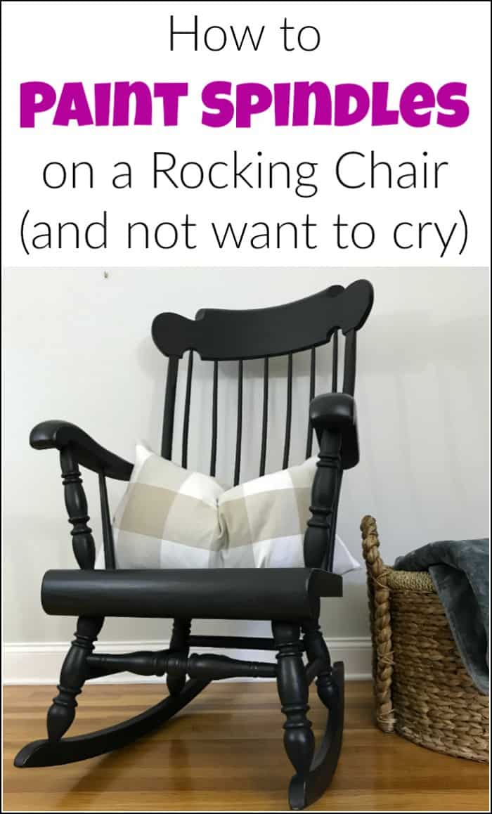 See how to paint a wooden rocking chair with spindles the easy way. A painted rocking chair project doesn't have to be hard because painting a rocking chair with a paint sprayer will make your life easier. #paintrockingchair #paintspindles #paintedrockingchair #woodenrockingchair #paintedfurniture #blackpaintedfurniture #howtopaintspindles #howtouseapaintsprayer #paintsprayerprojects #homeright 