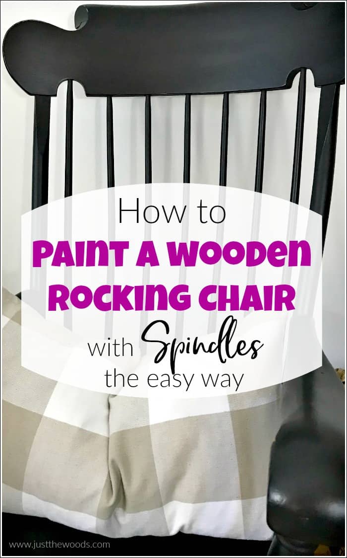 See how to paint a wooden rocking chair with spindles the easy way. A painted rocking chair project doesn't have to be hard because painting a rocking chair with a paint sprayer will make your life easier. #paintrockingchair #paintspindles #paintedrockingchair #woodenrockingchair #paintedfurniture #blackpaintedfurniture #howtopaintspindles #howtouseapaintsprayer #paintsprayerprojects #homeright 